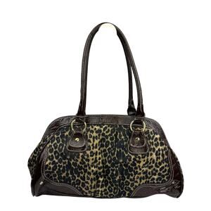 Leopard Print Patent Leather Handbag, Pleated Double Handle Shoulder Bag